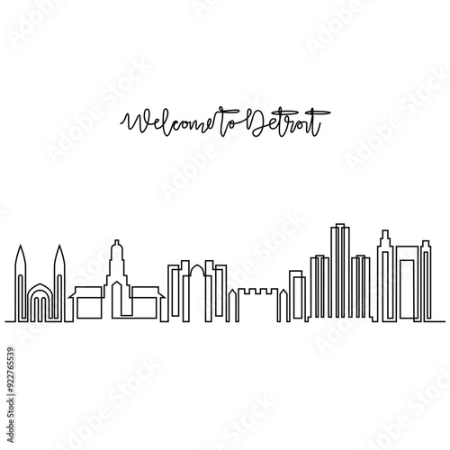 One continuous line drawing of Detroit skyline vector illustration. Modern city in USA in simple linear style vector design concept. Big city in USA. Iconic architectural skyline building