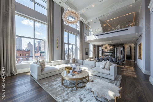 Modern Elegance: A Loft-Style Living Room Showcasing Luxurious Design, Natural Light, and Urban Views That Inspire Creativity and Comfort