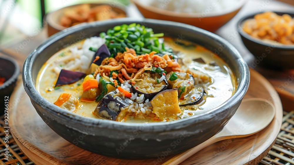 Traditional Indonesian Sayur Lodeh with Eggplant and Mixed Vegetables in Rich Coconut Milk Broth Garnished with Fried Shallots and Green Onions Served with Steamed Rice Traditional Indonesian Sayur Lodeh with Eggplant and Mixed Vegetables in Rich Coconut Milk Broth Garnished with Fried Shallots and Green Onions Served with Steamed Rice