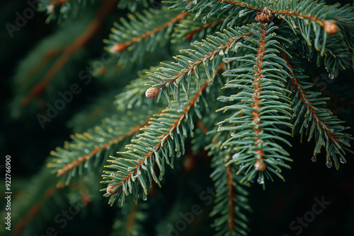 Green spruce branch , close-up photo pine , Christmas tree background