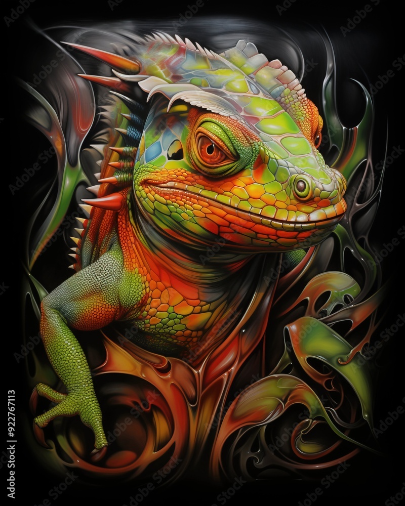 Fototapeta premium Airbrush Art of a Colorful Chameleon with Tribal Elements
