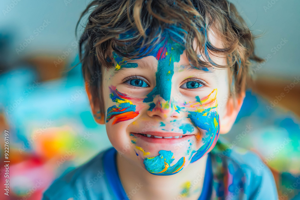 Candid image of a young boy with a silly, excited expression, engaged in painting with paint on his face. The scene embodies the joy and spontaneity of creative play, Candid image of a young boy with a silly, excited expression, engaged in painting with paint on his face. The scene embodies the joy and spontaneity of creative play,