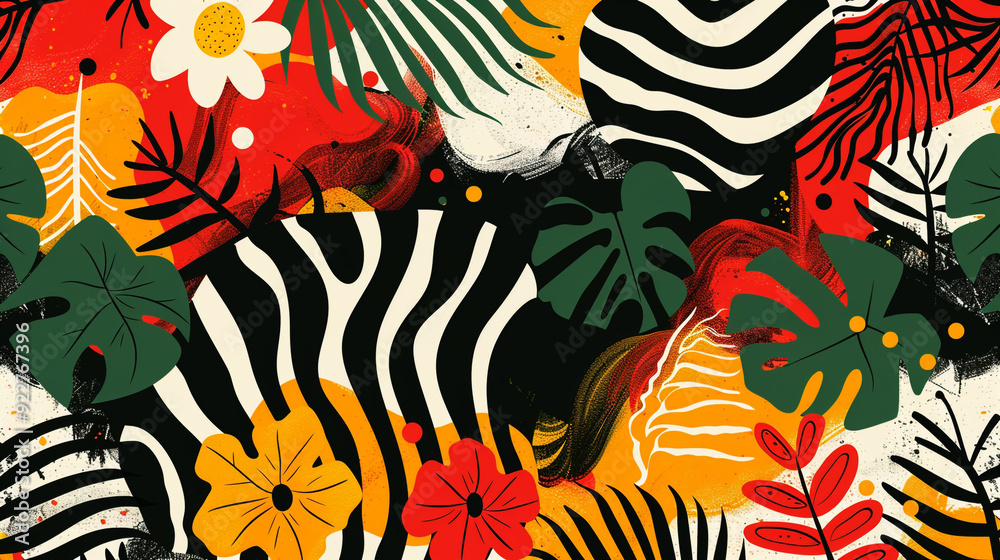 A graphic illustration design for background, wallpaper, or cover with bold colors and shapes of a jungle theme. A graphic illustration design for background, wallpaper, or cover with bold colors and shapes of a jungle theme.