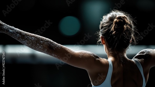 A gymnast is seen from behind with arms outstretched, preparing for a routine. The image captures the anticipation and focus required in gymnastics. photo