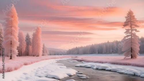  A serene winter landscape with snow-covered pine trees, a frozen river winding through the scene, and a soft pink and orange sunset in the background. photo