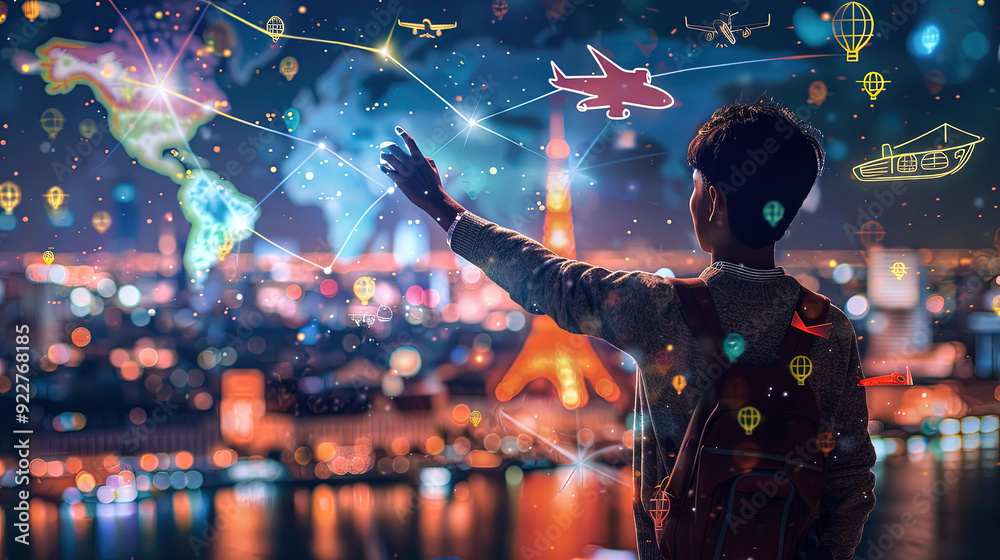 A boy gestures towards digital travel icons amidst a stunning city backdrop under the starry sky A boy gestures towards digital travel icons amidst a stunning city backdrop under the starry sky