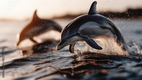 A pair of dolphins leap synchronously out of the ocean against a stunning sunset backdrop, beautifully capturing the harmony and dynamic energy of marine life. photo