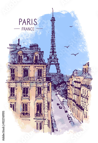 Architecture sketch illustration. An urban colorful landscape of the Eiffel Tower, blue sky, houses, Paris, France. Freehand digital drawing. Hand drawn travel postcard. Banner, poster design. Vector