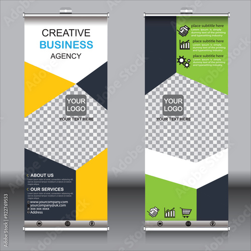 Professional corporate and business colorful roll up banner design template, design template set with creative concept. yellow and green vector illustration template.