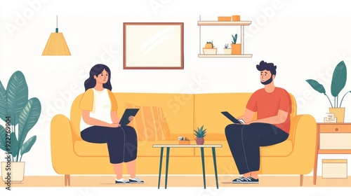 A man and woman sitting on a couch with tablets, AI