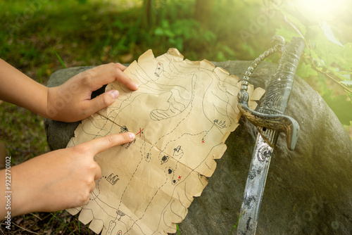 Pirate treasure map for kids.Outdoor games with children.A family quest in nature. A pirate card.
