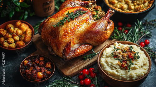 traditional thanksgiving dinner, food photo of bowls filled with thanks giving meal with roast turkey and other foods on a wooden table 