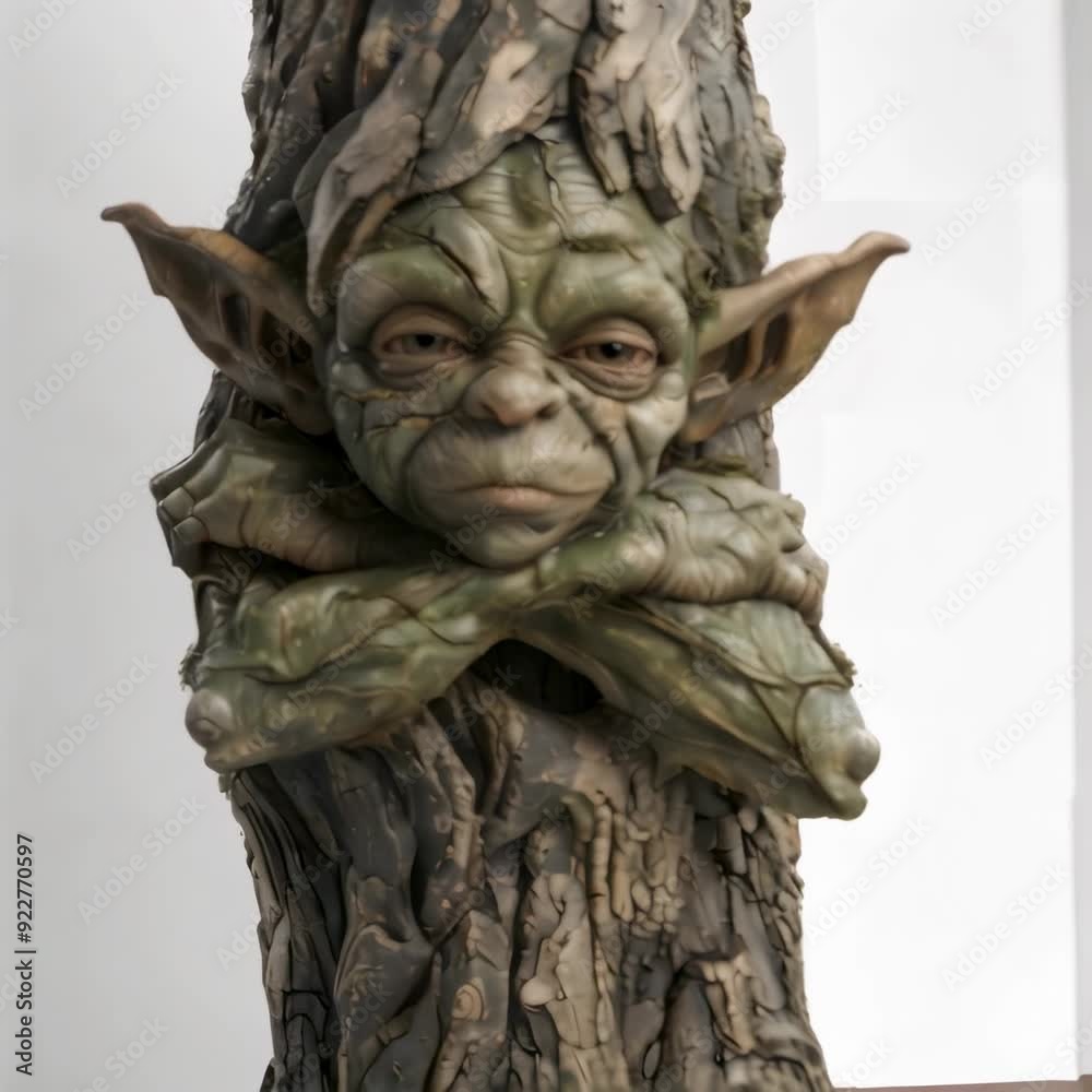 Green creature goblin with large ears and expressive eyes. Artwork is uniquely integrated into detailed tree trunk, showcasing creature with crossed arms and a thoughtful expression. Green creature goblin with large ears and expressive eyes. Artwork is uniquely integrated into detailed tree trunk, showcasing creature with crossed arms and a thoughtful expression.