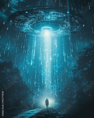 ufo, minimalist, black, blue, beam, light, man, road, lonely, surreal, mysterious, hyper-realistic, photography, stage, lighting,