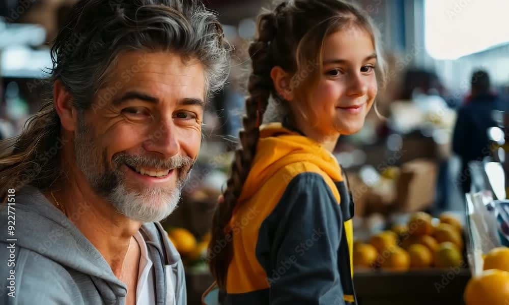 Father and daughter share smiles while sorting fresh produce together in a market Father and daughter share smiles while sorting fresh produce together in a market