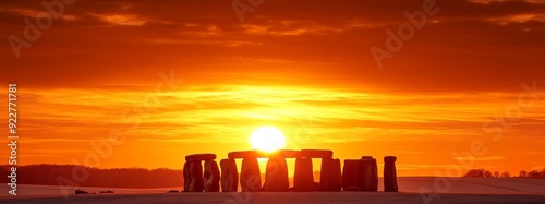 Winter Solstice Sunset Behind Stonehenge, a Majestic Display of Ancient Monuments Bathed in the Warmth of the Dying Day. photo