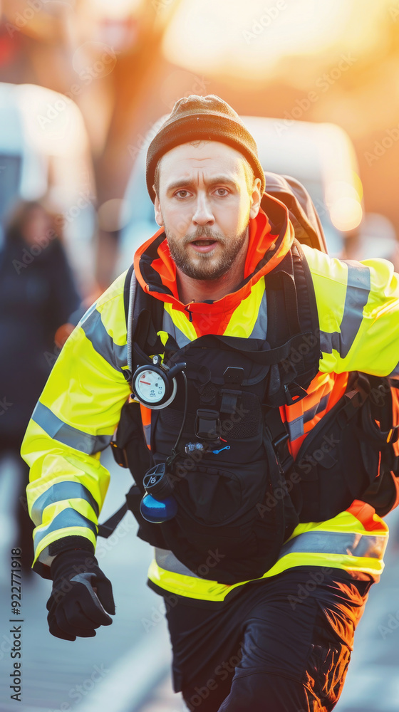 Obraz premium A person in safety gear rushes through a city as the sun sets, indicating urgency in emergency response