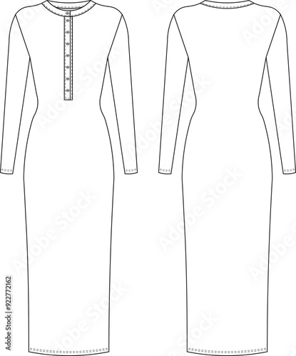 round neck crew neck henley neck long sleeve buttoned midi long sleeve a line body con elastic dress template technical drawing flat sketch cad mockup fashion woman design style model
