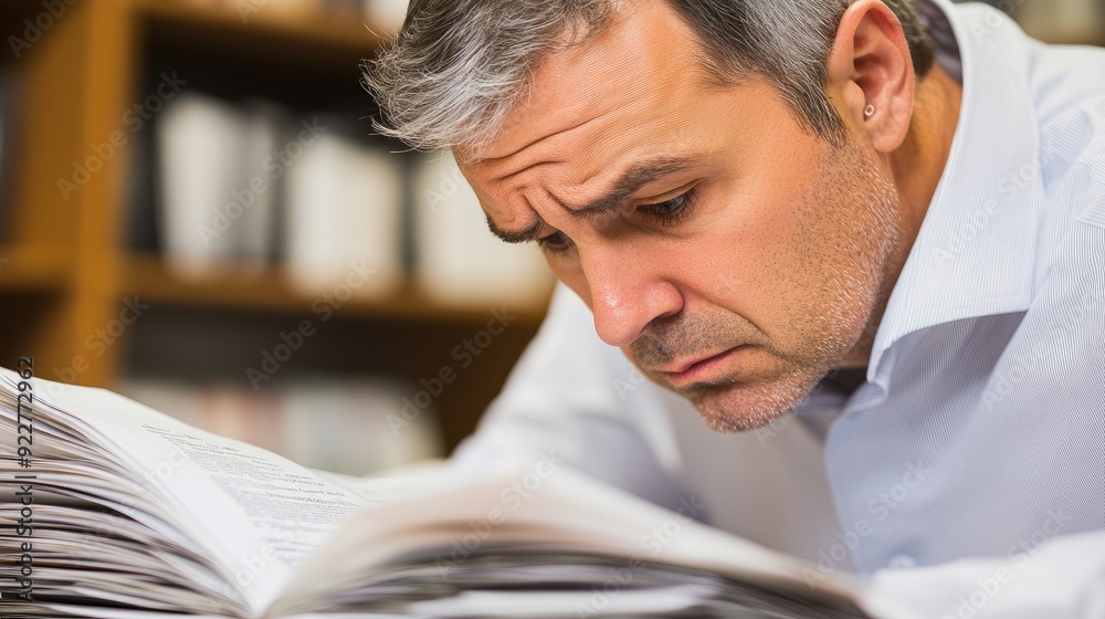 Fototapeta premium A man in stress and intently focused with a furrowed brow expressing concern. 