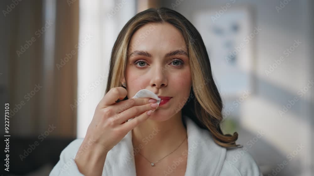 Pov lady removing lipstick looking camera at home. Smiling lady wiping visage Pov lady removing lipstick looking camera at home. Smiling lady wiping visage