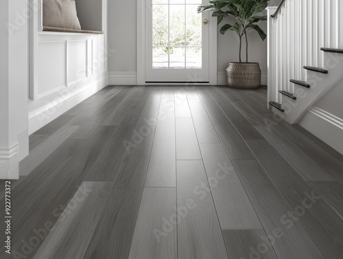 a modern farmhouse style foyer with gray LVP flooring. The walls are also painted gray. --chaos 20 --ar 4:3 --style raw --v 6.1 Job ID: dbb37aa9-231b-47d7-9874-6c61df8eab8d