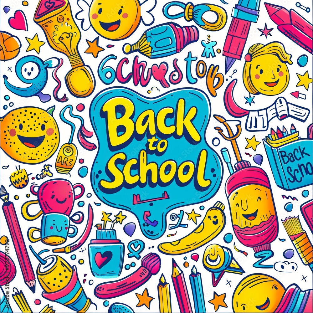 Fototapeta premium Back to school colorful text on background with doodle pattern