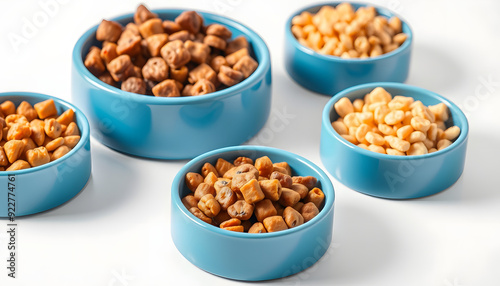 Set of pet food blue bowls, isolated on white background isolated with white highlights, png photo