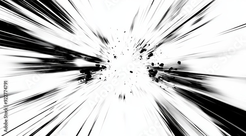 An eyecatching explosion depicted in a dynamic manga style, showcasing bold black and white lines that vividly convey a sense of speed and energetic force within a vibrant comic visual aesthetic photo