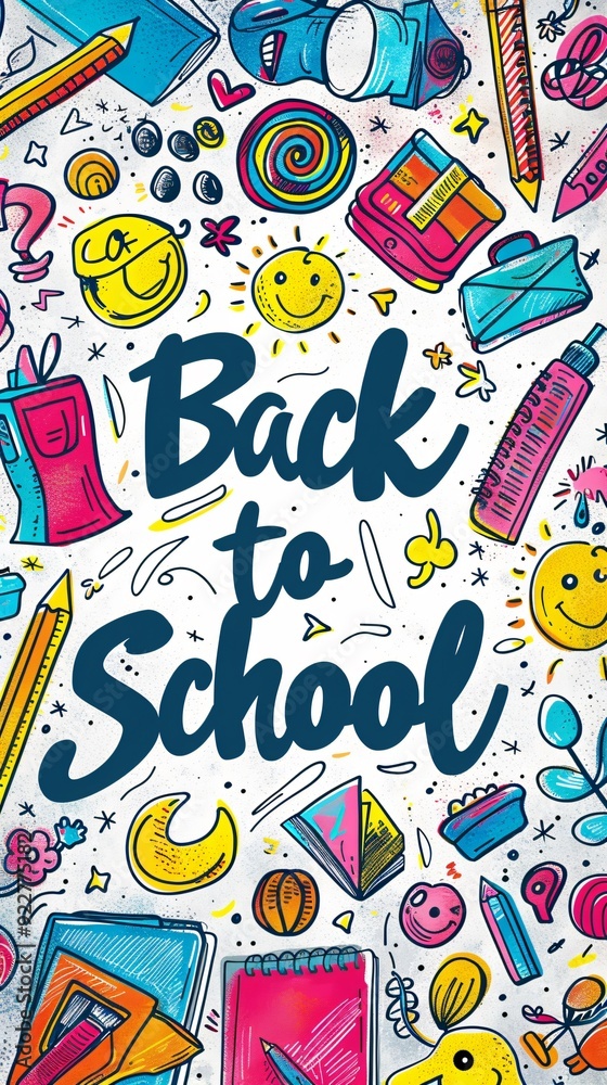Obraz premium Back to school colorful text on background with doodle pattern