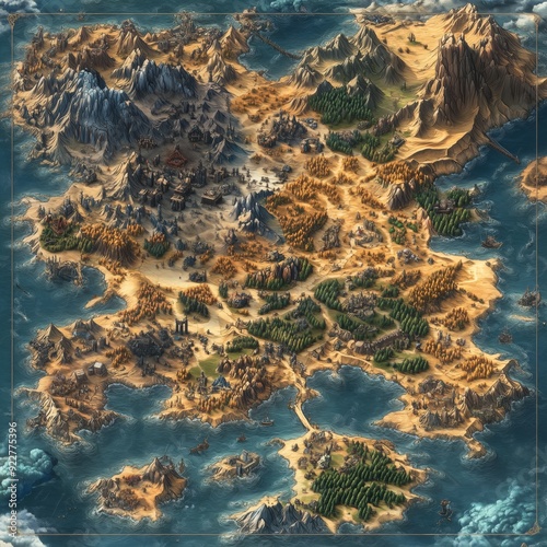 Top Down RTS Style Fantasy Game World Map Generative Illustration