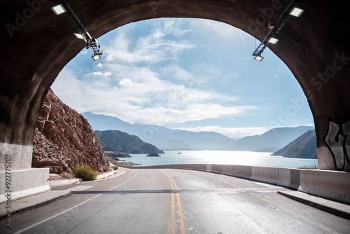 Tunel de Cacheuta con increíble vista del dique en Potrerillos, Mendoza, Argentina photo