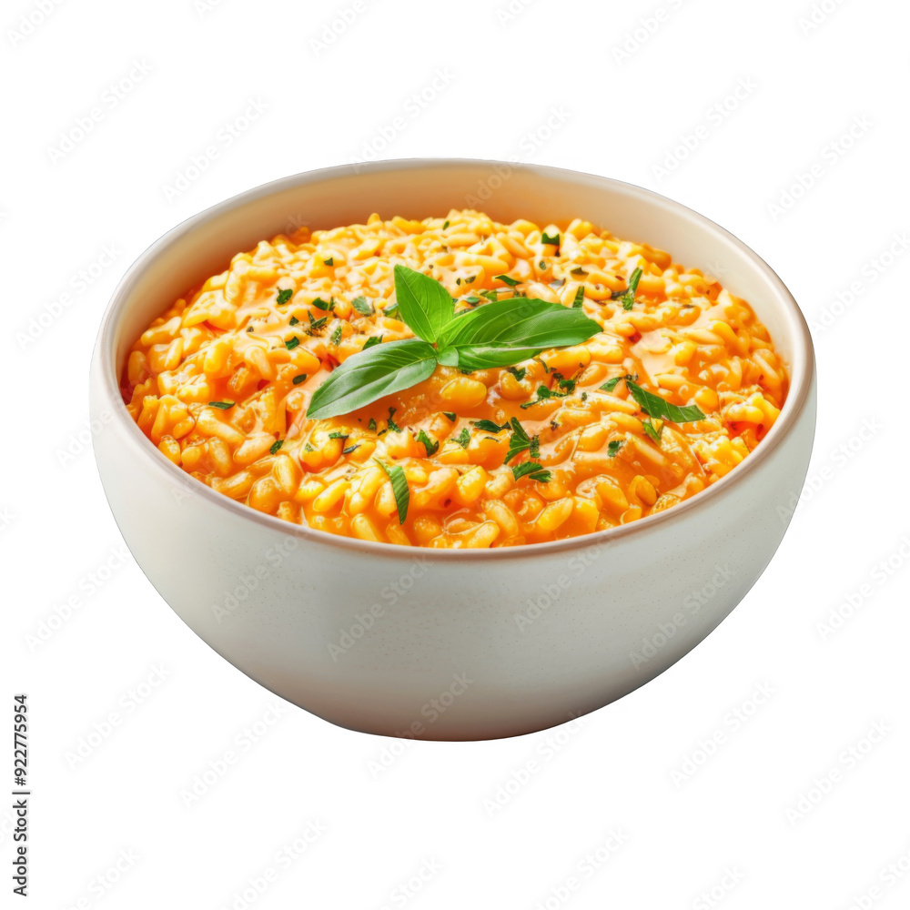 A Bowl of Creamy Orange Risotto with Basil Garnish A Bowl of Creamy Orange Risotto with Basil Garnish