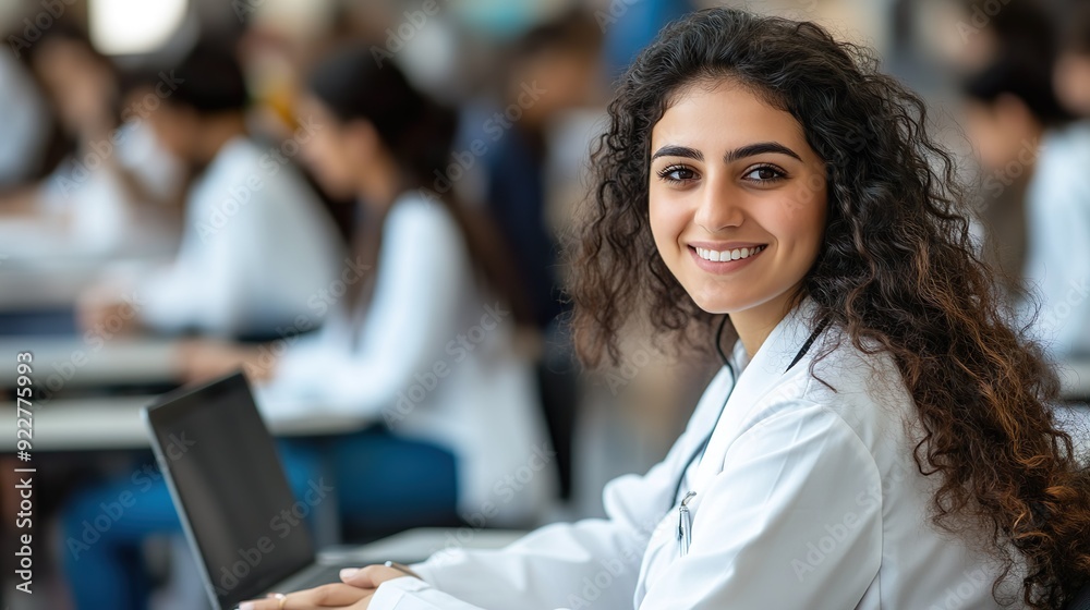 Smiling Female Scientist in Lab Coat Working on Laptop in a Modern Laboratory Smiling Female Scientist in Lab Coat Working on Laptop in a Modern Laboratory