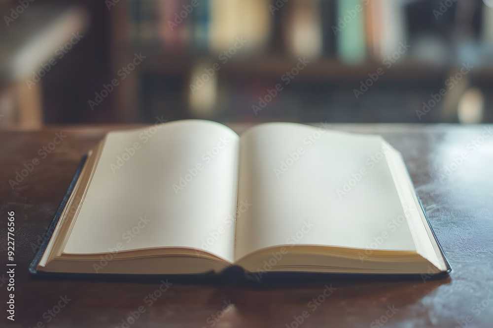A close-up of an open notebook lying on a desk, empty paper inside. A close-up of an open notebook lying on a desk, empty paper inside.