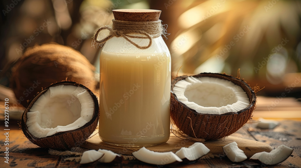Coconuts on wooden surface with coconut milk in glass bottle Coconuts on wooden surface with coconut milk in glass bottle