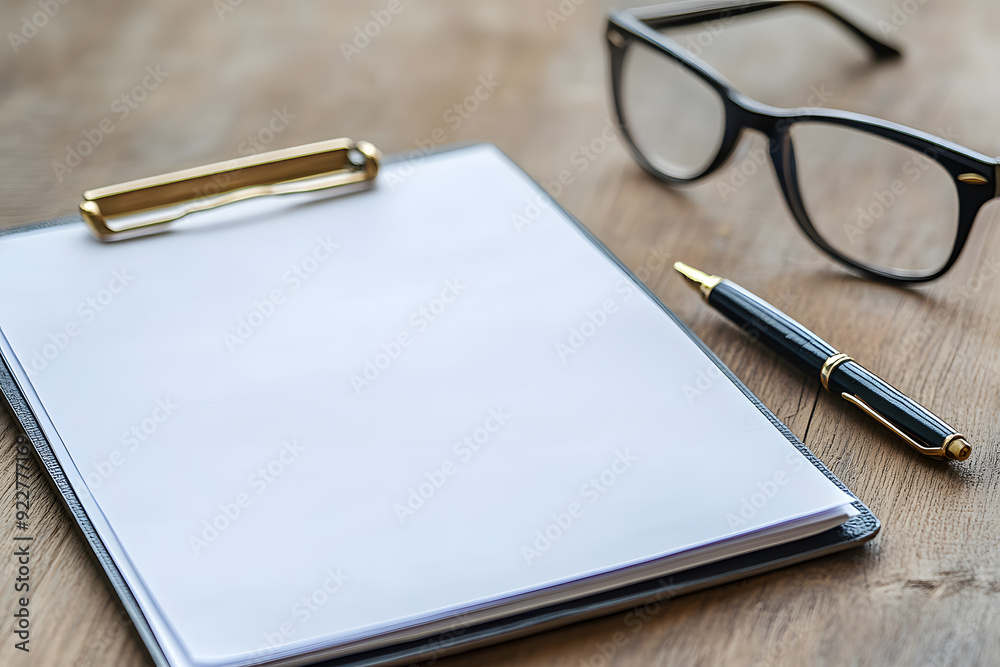 Empty clipboard out on a wooden table, with a pen poised for signing and glasses resting beside it, emphasizing professionalism and readiness. Empty clipboard out on a wooden table, with a pen poised for signing and glasses resting beside it, emphasizing professionalism and readiness.