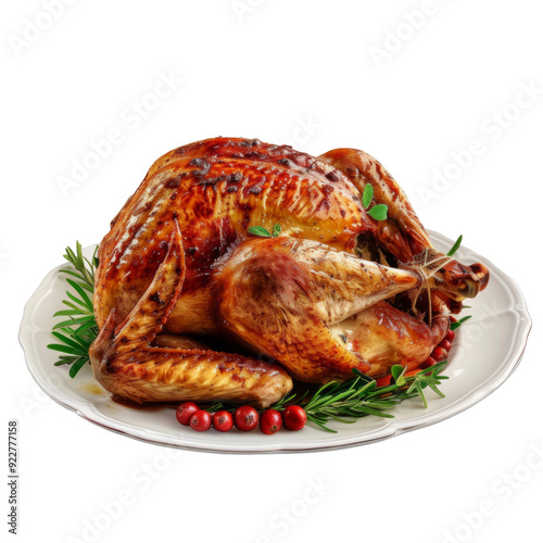 Roasted Turkey on White Platter with Rosemary and Cranberries