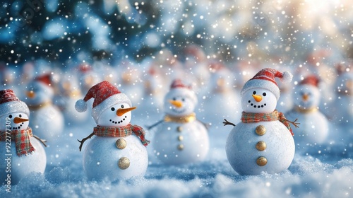 A group of snowmen in hats and scarves standing next to each other, AI