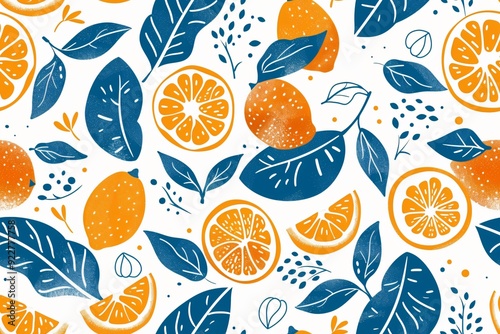 A vibrant pattern featuring oranges, lemons, and leaves, ideal for decorative purposes.