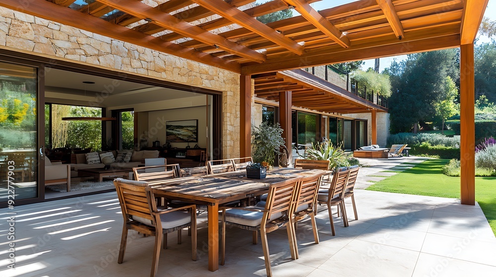 Fototapeta premium Spacious patio with outdoor furniture and cozy garden lounge vibe