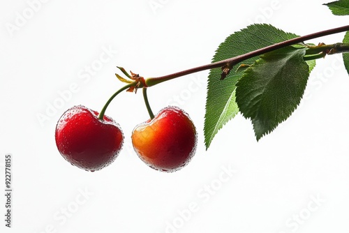 Mystic photo of Morello Cherry on the vine, isolated on white background