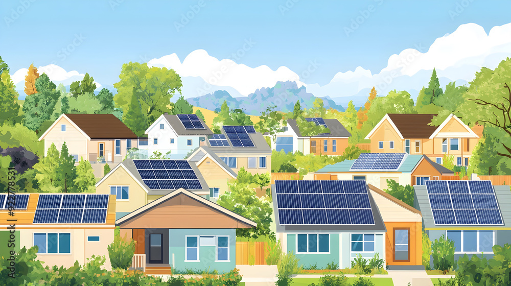 Solar-powered community with sustainable energy - An illustration depicting a neighborhood where homes and communal buildings are equipped with solar panels, harnessing renewable energy.