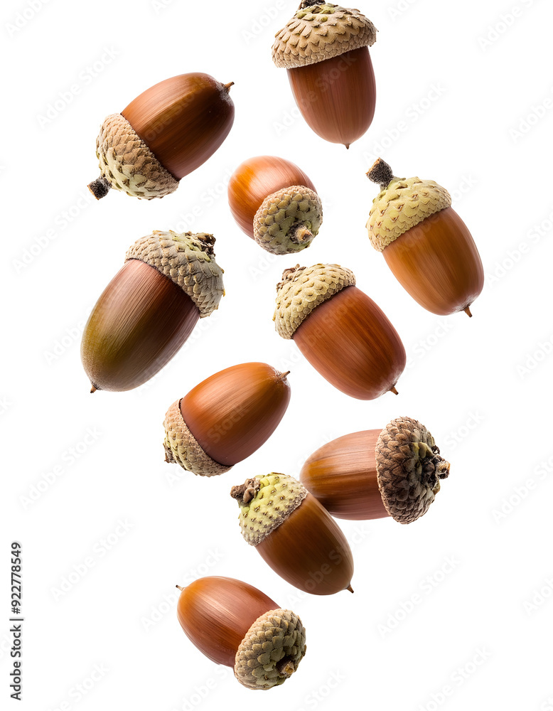 Group of acorn falling vertically freely on white background Group of acorn falling vertically freely on white background