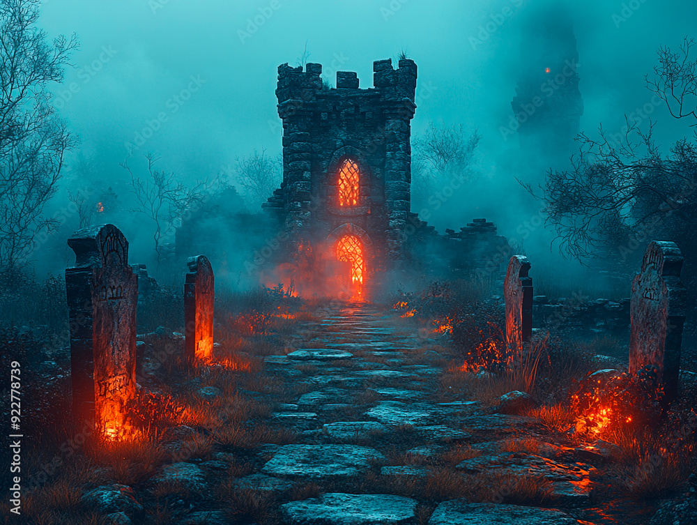 Fototapeta premium Podium background graveyard product display 3D tombstones stand ghosts. Halloween podium with misty graveyards, ghostly figures, and eerie lighting, setting the scene for spooky Halloween items.