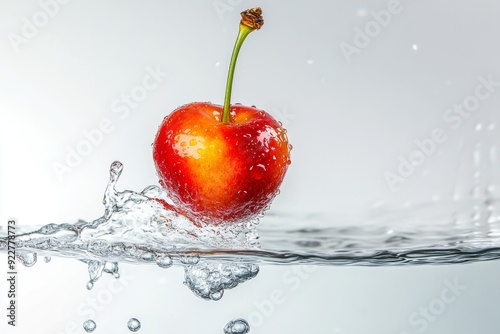 Rainier Cherry falling into the water with a splash on a white background