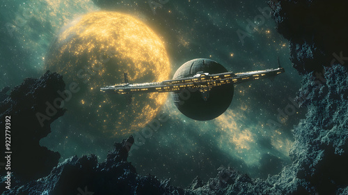 Fototapeta Naklejka Na Ścianę i Meble -  Orbital space station circling a remote planet.