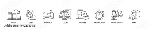 Bankruptcy icon sett lineal illustration concept with icon of bank ,court order, legal, moratorium, process, creditor, debt, crisis icon live stroke and easy to edit 