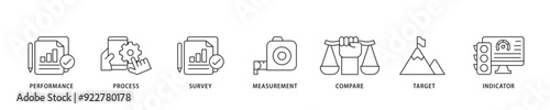 Benchmarking icon sett lineal illustration concept with icon of performance, process, survey, measurement, compare, target, and indicator icon live stroke and easy to edit 