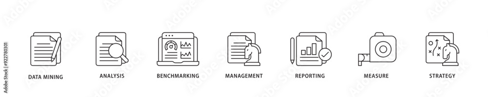 Business intelligence icon sett lineal illustration concept with icon of data mining, analysis, benchmarking, management, reporting, measure, and strategy icon live stroke and easy to edit Business intelligence icon sett lineal illustration concept with icon of data mining, analysis, benchmarking, management, reporting, measure, and strategy icon live stroke and easy to edit
