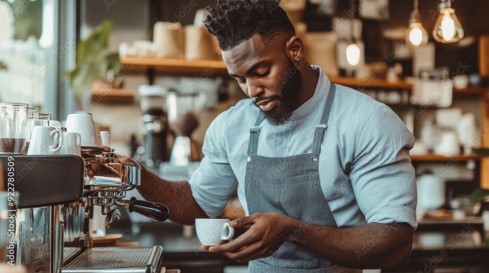 A man in a blue shirt and grey pants holding coffee cup, AI A man in a blue shirt and grey pants holding coffee cup, AI